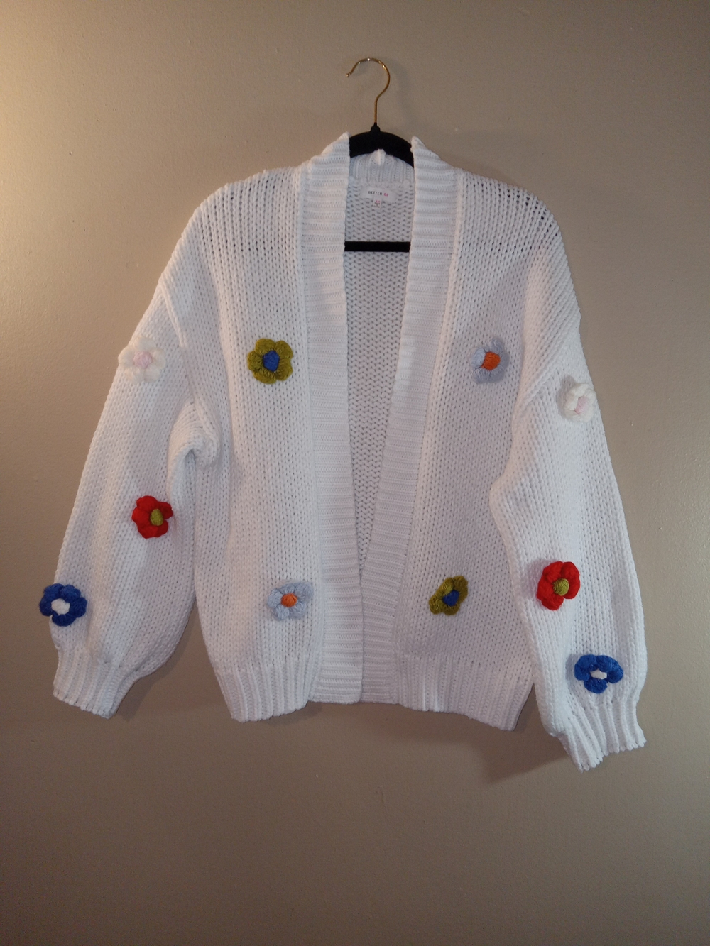 Better Be White Open-Front Cardigan with Multicolor Floral Appliques